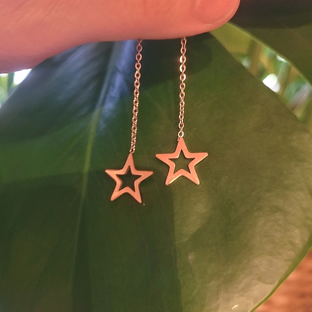 Set of gold color stainless steel star  shaped threader dangle earrings